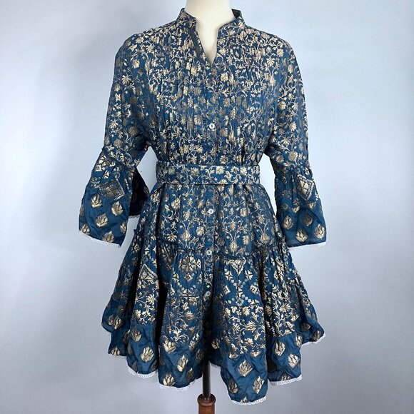 Pep's Cannes Versailles Mini Dress Jacquard Blue Teal Gold Belt Pleated Ruffled - Picture 5 of 16